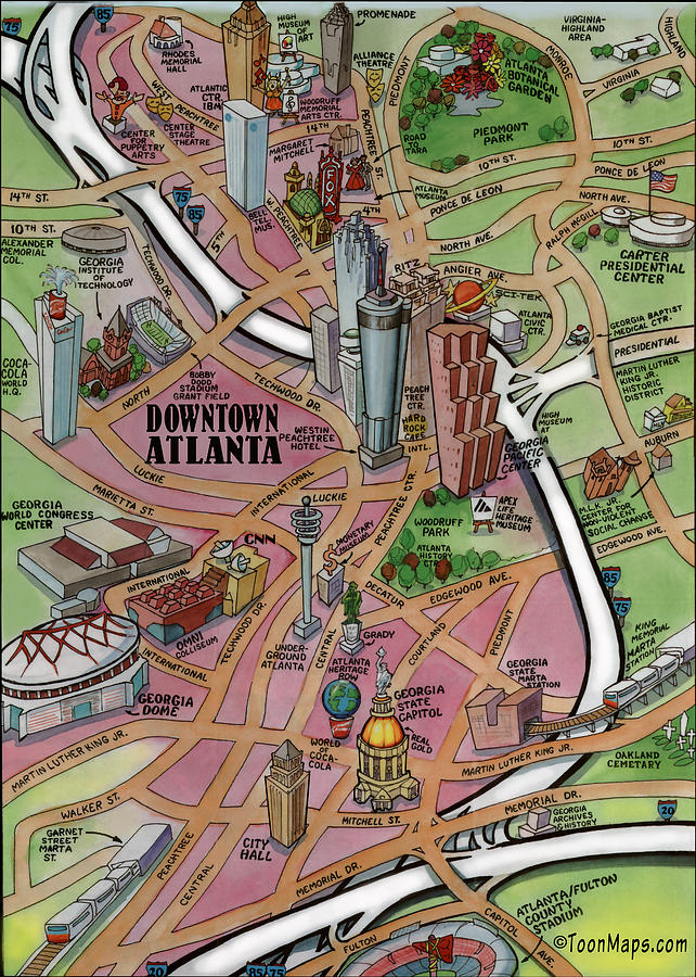 Downtown Atlanta Georgia Cartoon Map Digital Art by Kevin Middleton