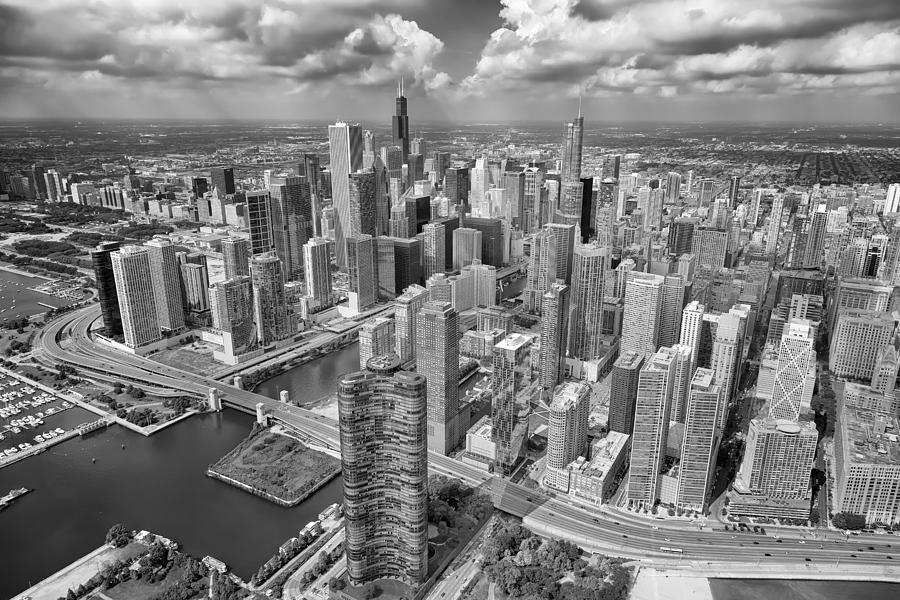 Downtown Chicago Aerial Black and White Photograph by Adam Romanowicz