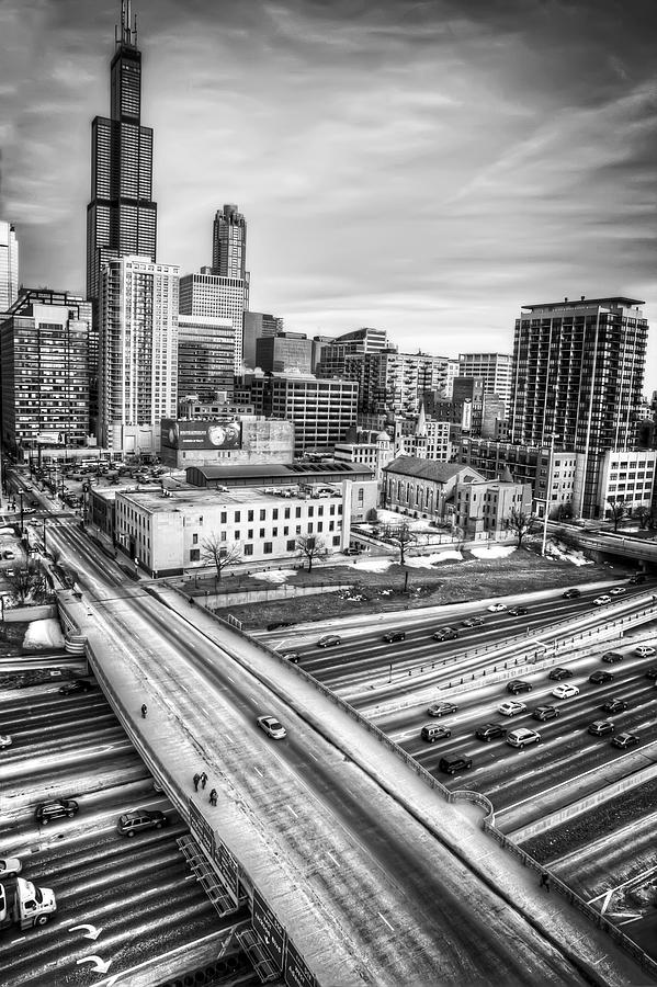 Downtown Chicago and The Willis Tower in Black and White Photograph by Jennifer Rondinelli Reilly - Fine Art Photography