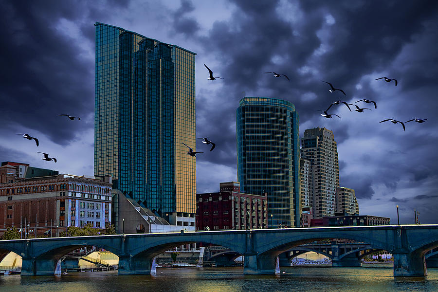 Downtown Grand Rapids Michigan by the Grand River with Gulls Photograph by Randall Nyhof
