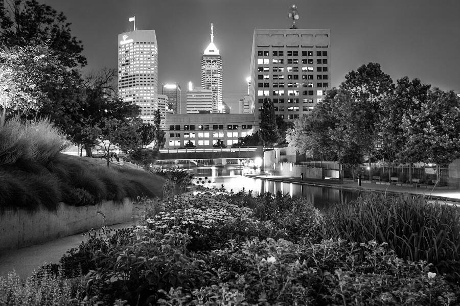 Downtown Indianapolis Skyline at Night - Black and White Photograph by Gregory Ballos