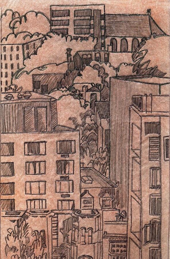 City Scape Drawing - Downtown PDX circa 1992 by Kerrie B Wrye