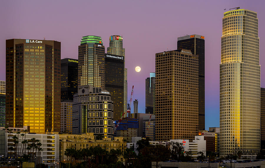 Downtown Los Angeles Moonrise Photograph by Joe Doherty