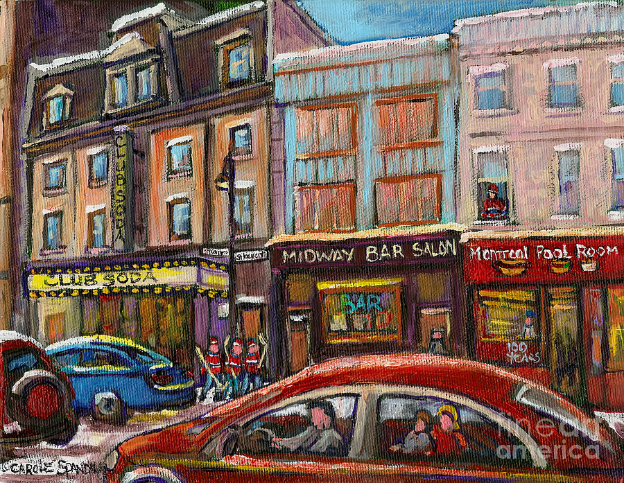 Hockey Painting - Downtown Montreal Streetscene by Carole Spandau