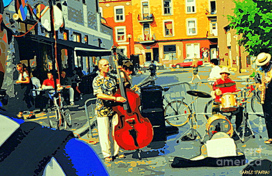 Downtown Street Musicians Perform At The Coffee Shop With Cool Tones On A Hot Summer Day Painting by Carole Spandau