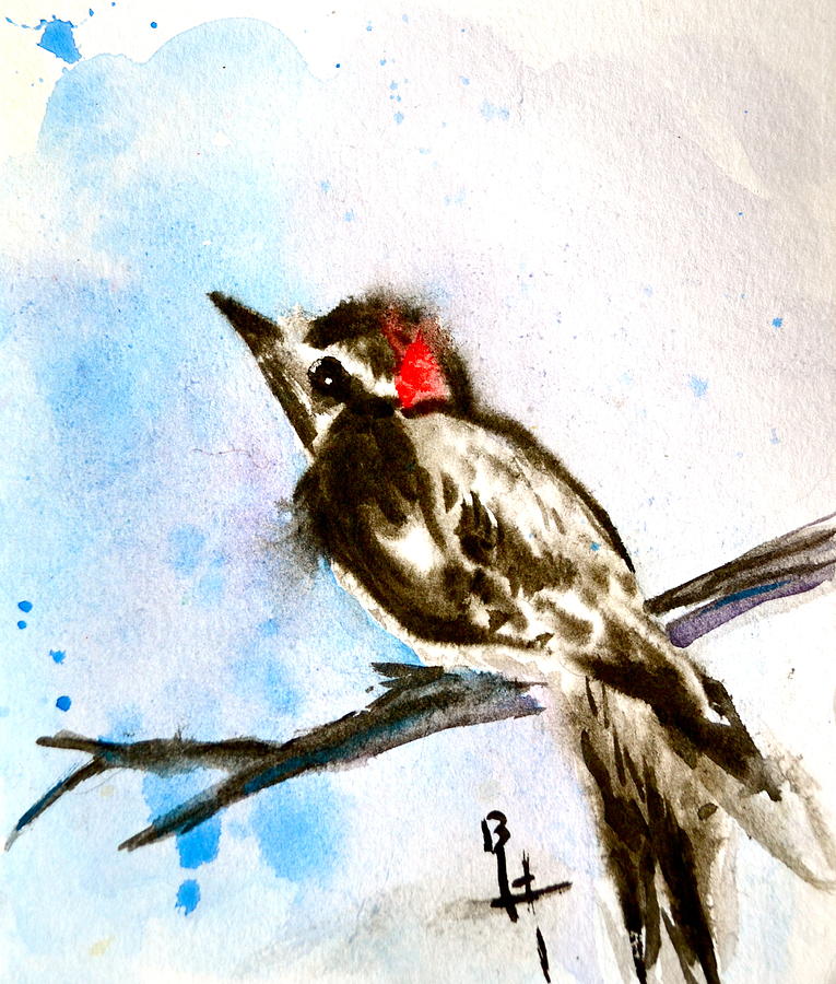 Downy Woodpecker Sumi-e Painting by Beverley Harper Tinsley