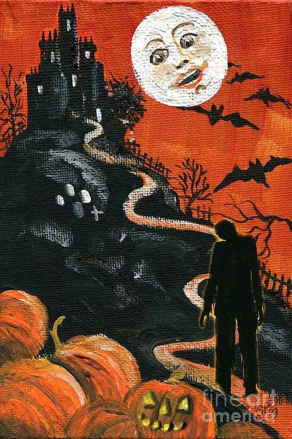 Halloween Painting - Draculas Castle Zombie Halloween by Follow Themoonart