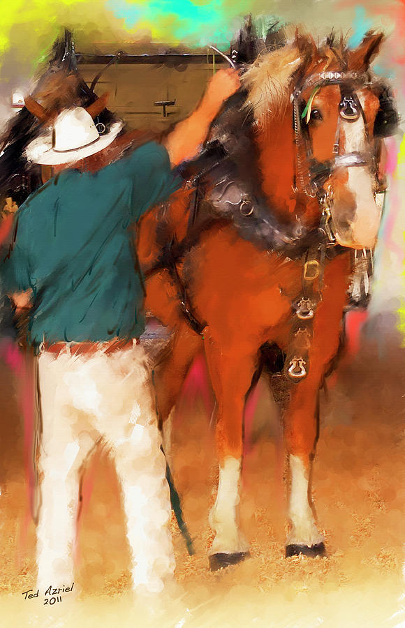 Draft Horse And trainer Painting by Ted Azriel