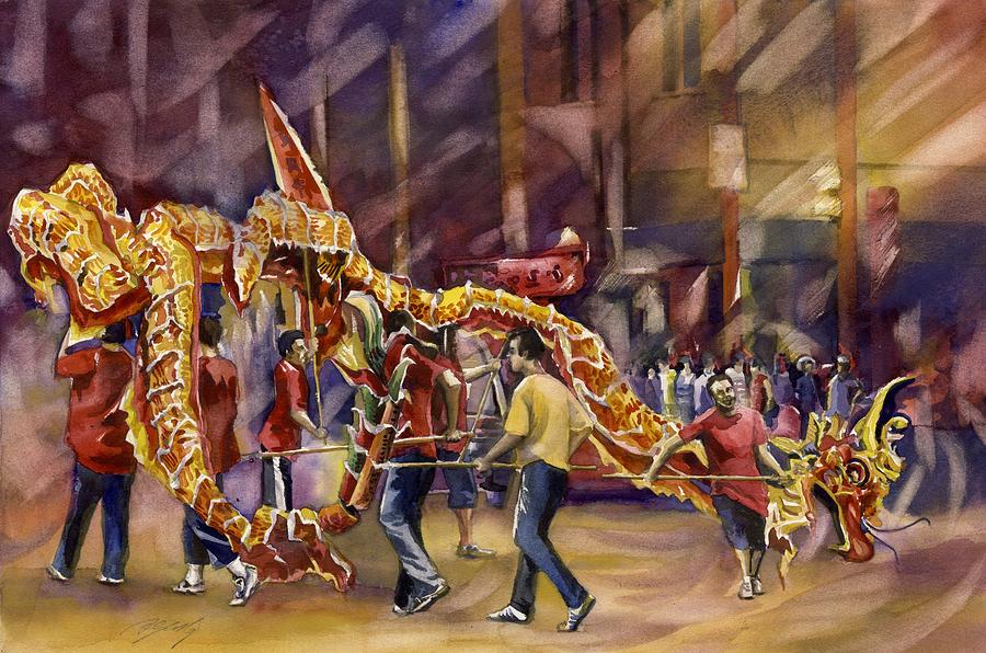 Gouache Painting Children Dancing with Paper Dragon Asian Theme Signed by  Artist