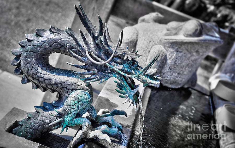 Dragon fountain in a temple, Japan Photograph by Delphimages Photo Creations
