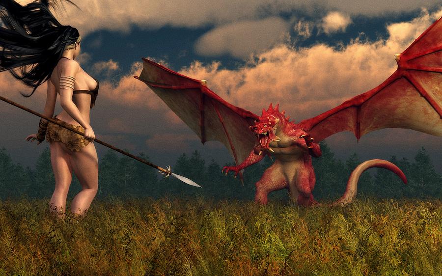 Dragon vs Cavegirl Digital Art by Kaylee Mason