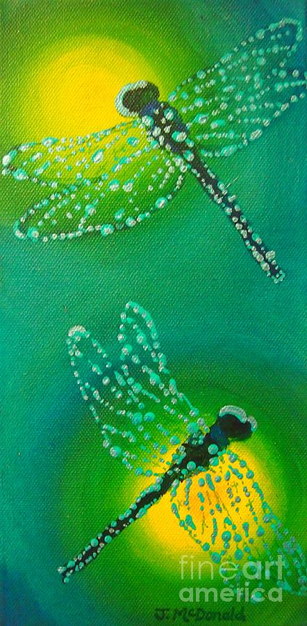 Dragonflies Adorned with Morning Dew Painting by Janet McDonald