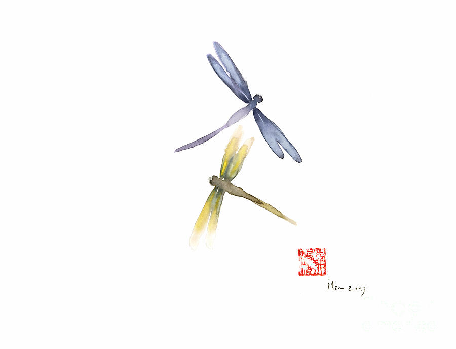Dragonflies Painting - DRAGONFLIES Love Yellow Blue Brown Dragonfly Lake Water watercolor painting by Mariusz Szmerdt