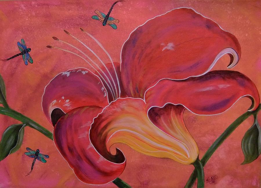 Dragonflies with Day Lilly  Painting by Cindy Micklos