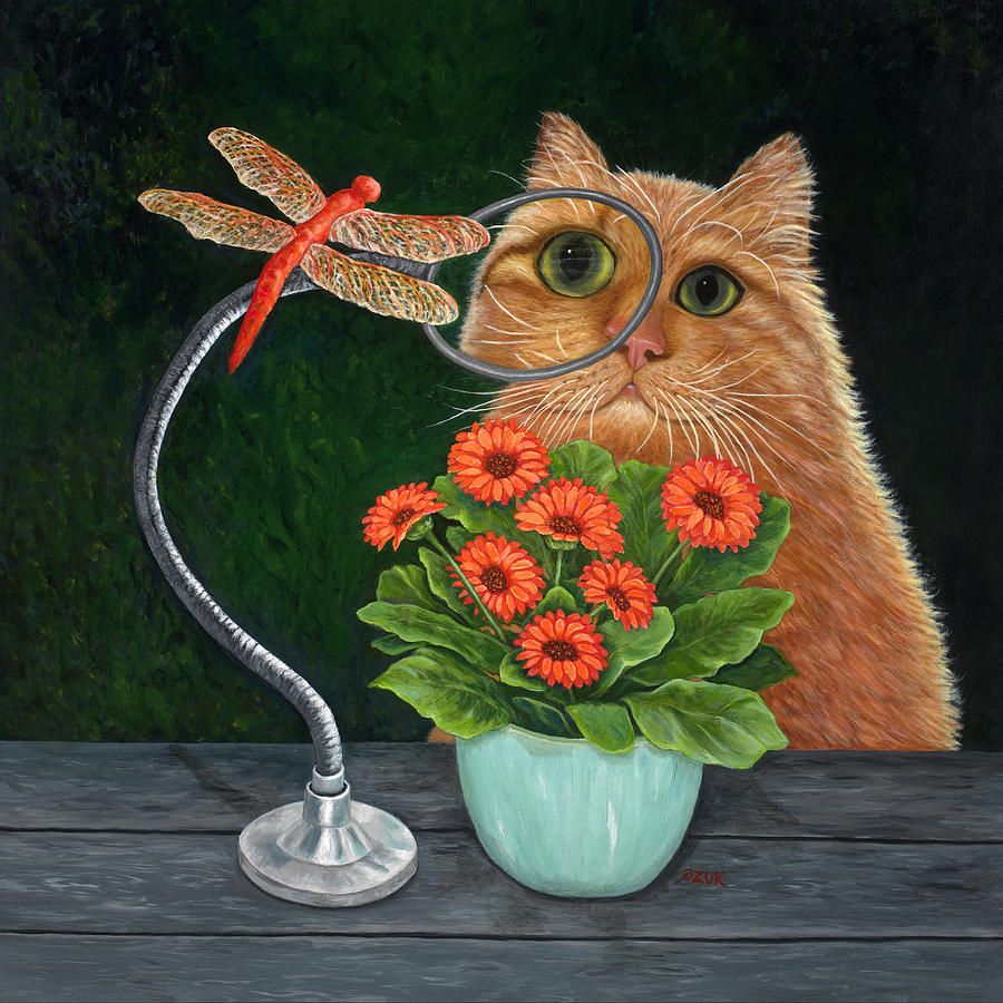 Dragonfly and Cat Painting by Karen Zuk Rosenblatt
