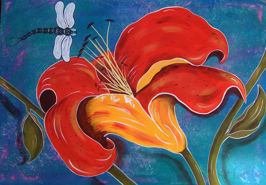 Dragonfly and Tiger Lilly Painting by Cindy Micklos