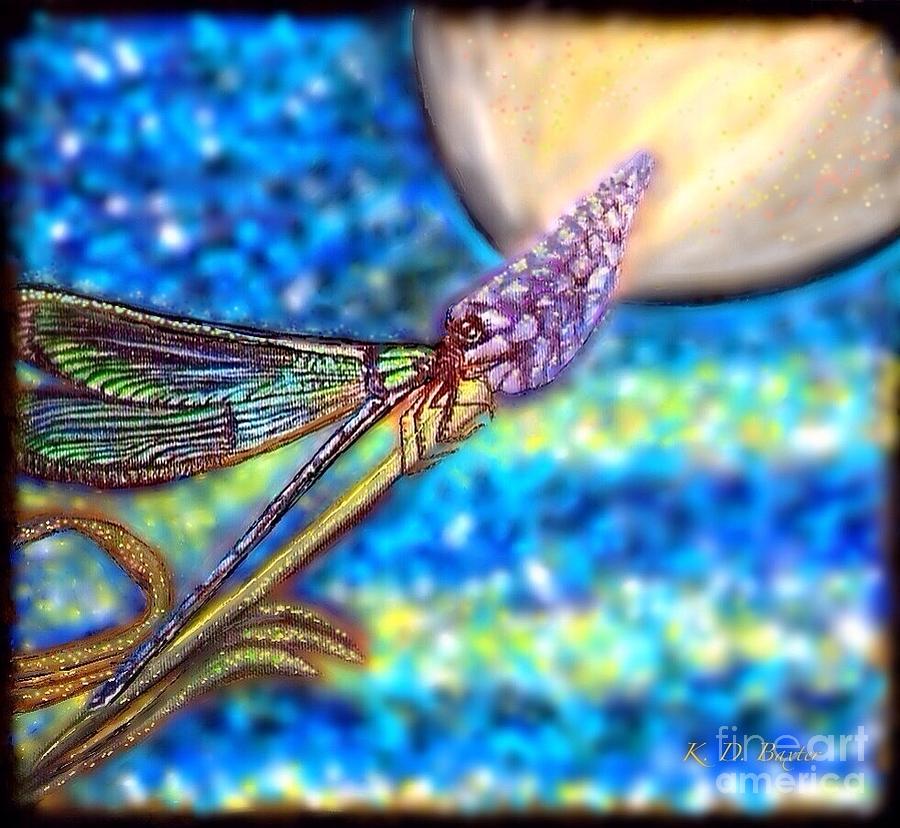 Dragonfly Flying the Moon Illuminated Painting by Kimberlee Baxter