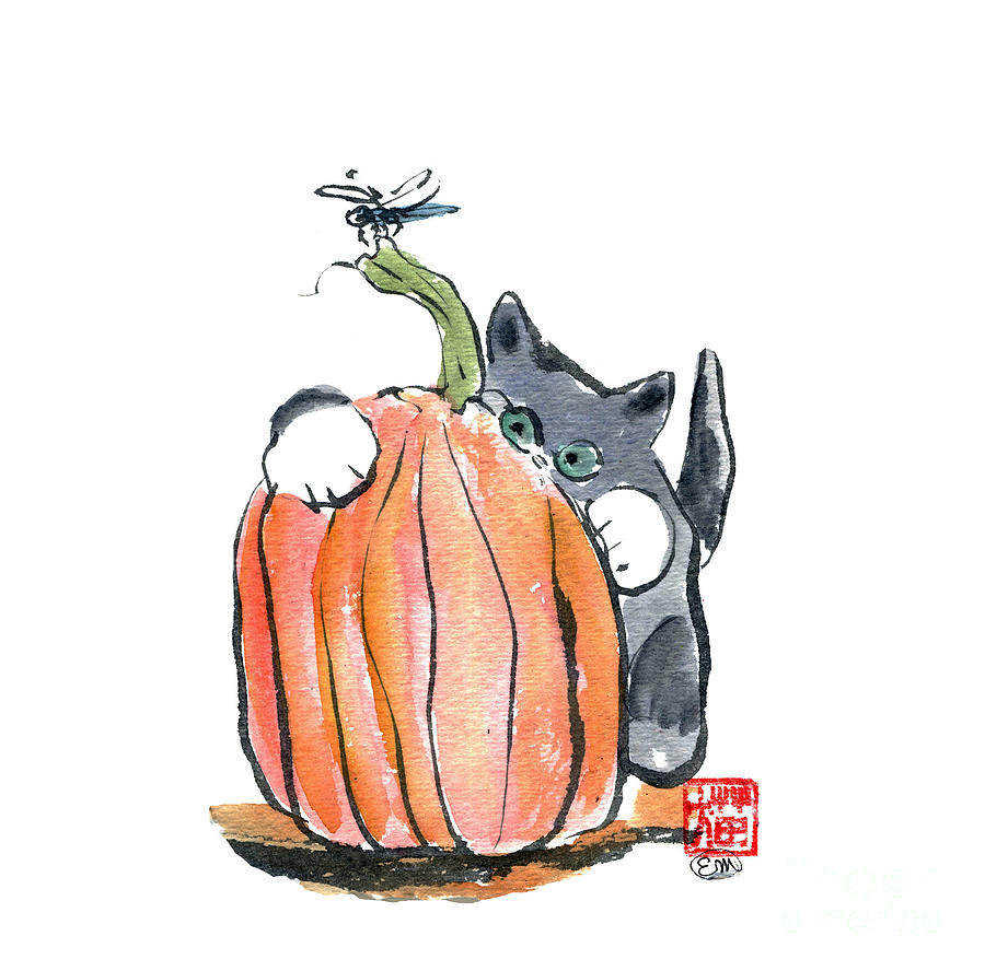 Dragonfly Leads Kitten Through Pumpkin Patch Painting