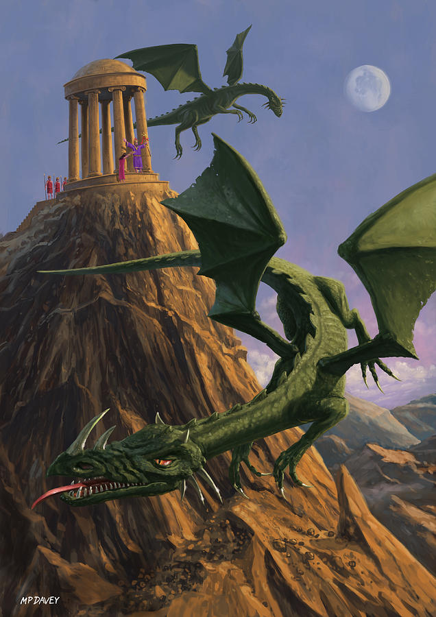 Dragon Painting - Dragons flying around a temple on mountain top  by Martin Davey