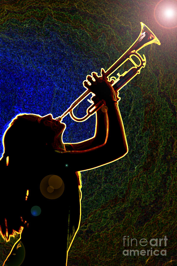 Drak Drawing Silhouette Trumpet Music Instrument and Girl 3016.0 Photograph by M K Miller