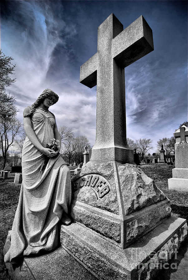 Dramatic gravestone with cross and guardian angel Photograph by Amy ...