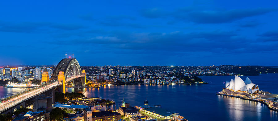 Dramatic panoramic night photo Sydney harbor Photograph by Steven Heap