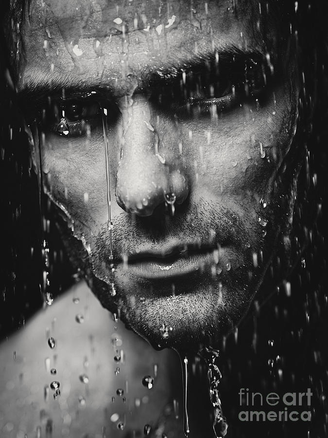 Dramatic portrait of man wet face Black and white Photograph by Maxim Images Exquisite Prints