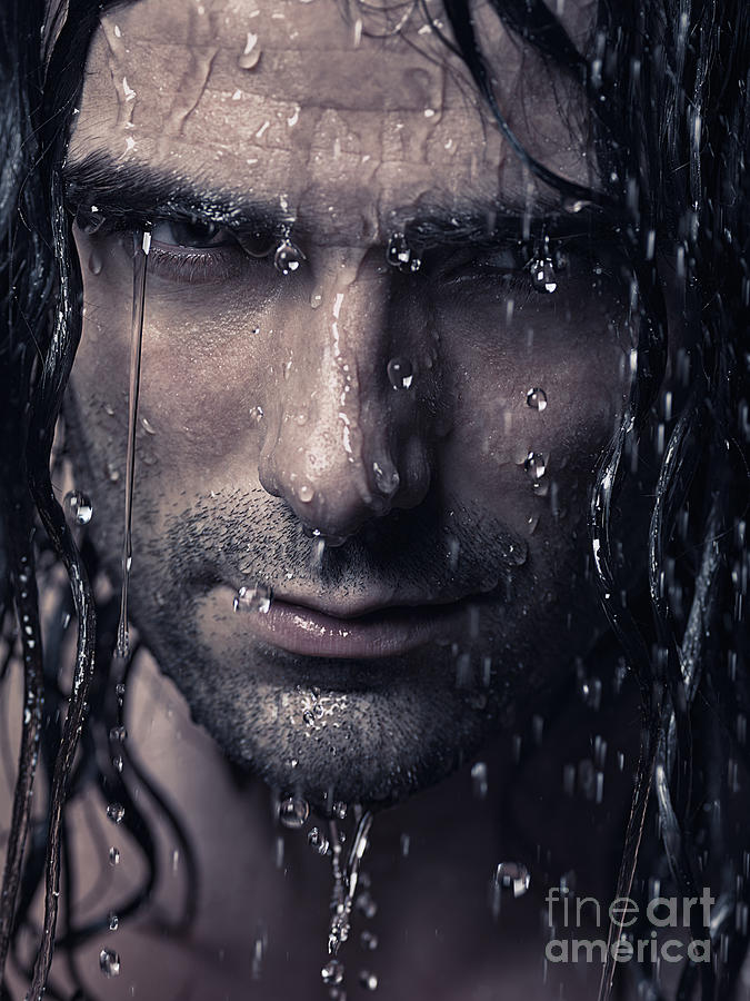 Dramatic portrait of man wet face with long hair Photograph by Maxim Images Exquisite Prints