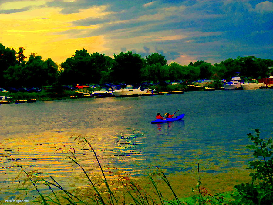 Dramatic Skies Canoes At Sunset Along The Wharf Of The Lachine Canal Quebec Scenes Carole Spandau Painting by Carole Spandau