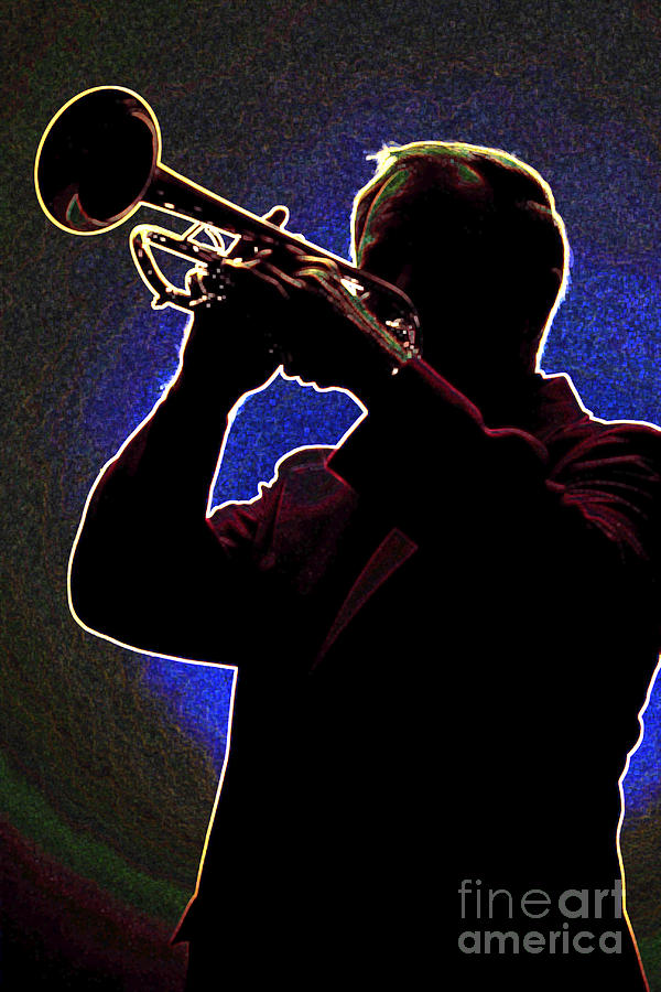 Drawing of a Silhouette of Trumpet Player in Color 3019.03 Photograph by M K Miller