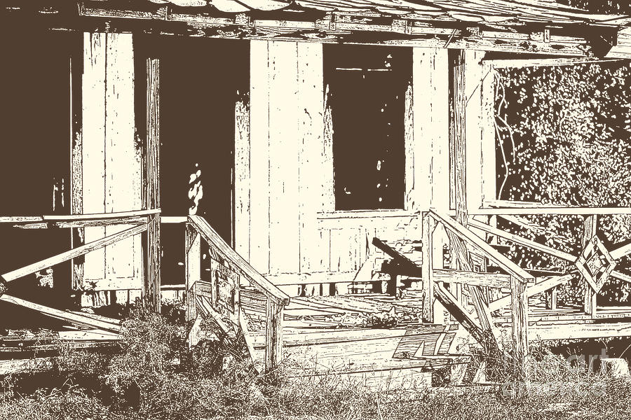 Drawing of an old house with porch in brown 3000.04 Drawing by M K Miller