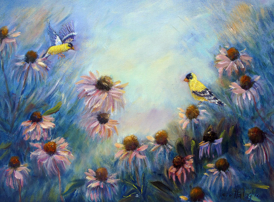 Dream Garden with Goldfinches and Coneflowers Painting by Loretta Luglio