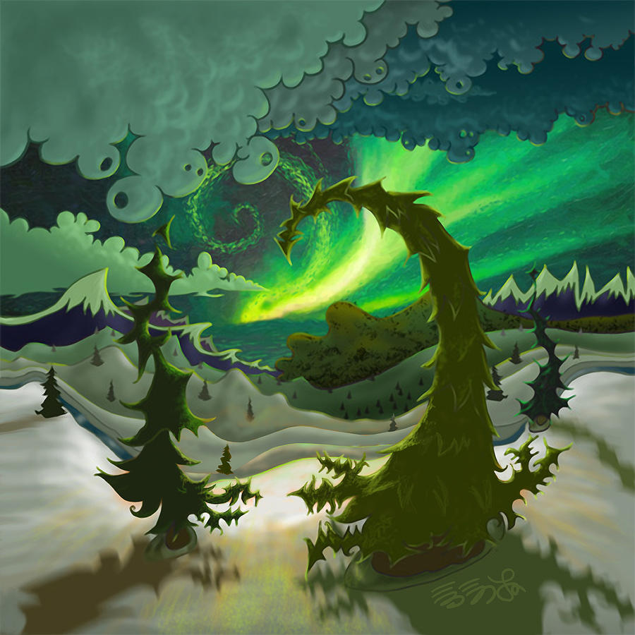 Mountain Painting - Dream Landscapes Aurora Green by Ebenlo - Painter Of Song Mountain Painting - Dream Landscapes Aurora Green by Ebenlo - Painter Of Song