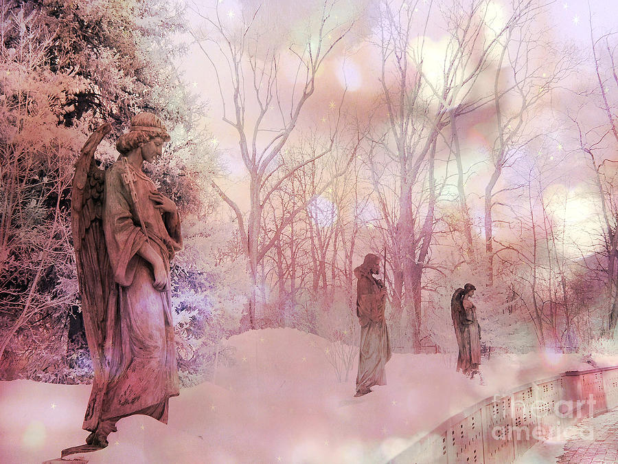 Dreamy Angel Surreal Ethereal Pink Woodlands With Angels And Statues Photograph by Kathy Fornal