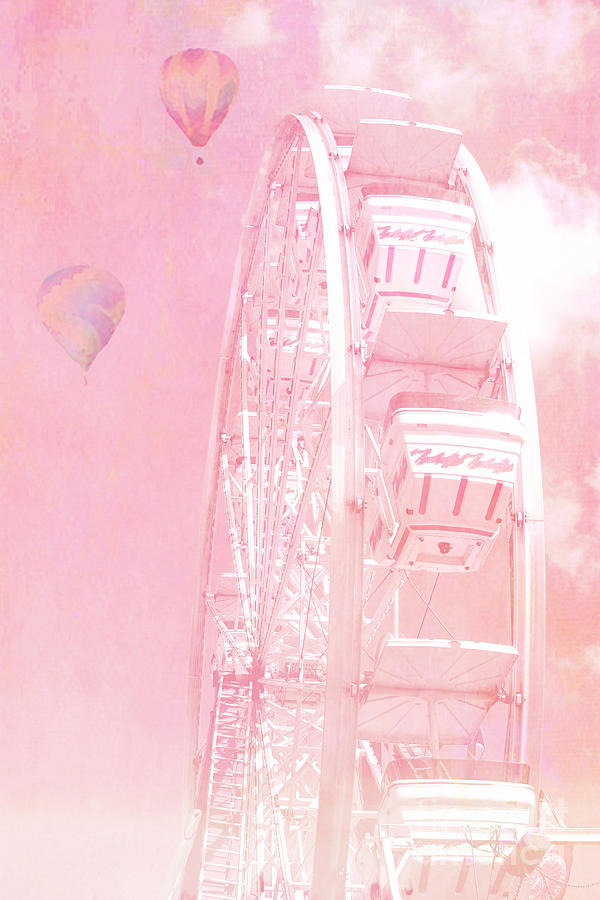 Ferris Wheel Photograph - Dreamy Baby Pink Ferris Wheel Carnival Art With Hot Air Balloons by Kathy Fornal