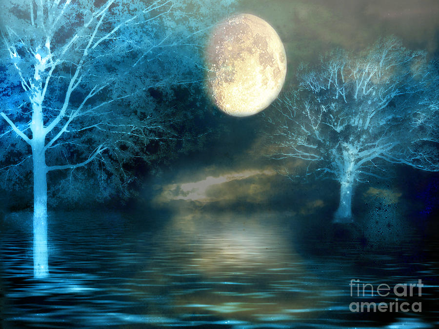 Dreamy Blue Moon Nature Trees - Surreal Full Blue Moon Nature Trees Fantasy Art Digital Art by Kathy Fornal