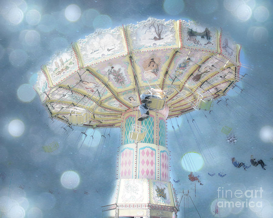 Dreamy Blue Surreal Carnival Festival Ferris Wheel Blue Bokeh - Baby Blue Dreamy Ferris Wheel Photo Photograph by Kathy Fornal