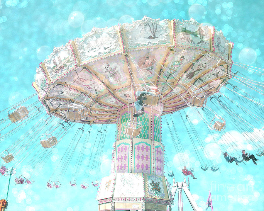 Dreamy Carnival Ferris Wheel Swing Ride Aqua Teal Blue Bokeh Circles Hearts Decor Photograph by Kathy Fornal