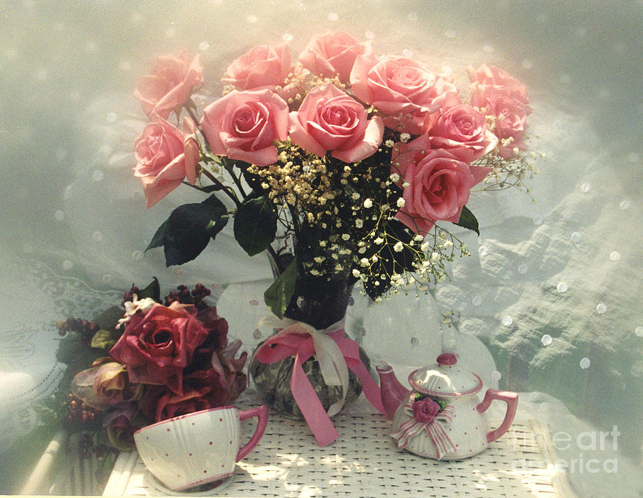 Vintage Photograph - Dreamy Cottage Chic Pink Roses and Teapot  by Kathy Fornal
