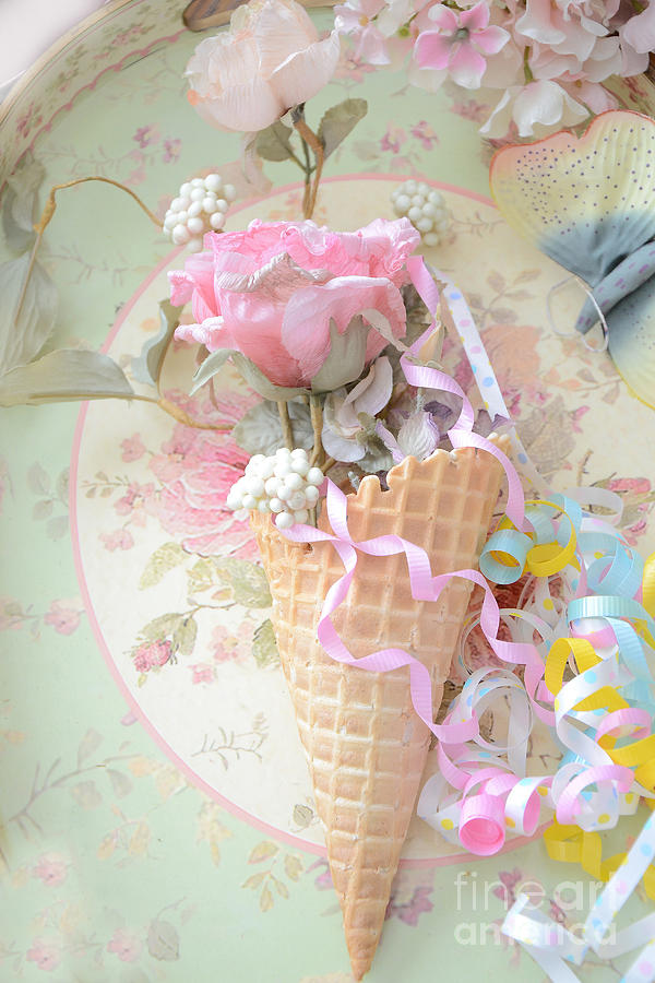 Dreamy Shabby Chic Romantic Floral Art Waffle Cone Roses Party Ribbon - Waffle Cone Floral Decor Photograph by Kathy Fornal