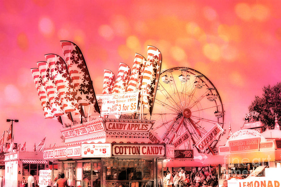 Surreal Hot Pink Orange Carnival Festival Cotton Candy Stand Candy Apples Ferris Wheel Art Photograph by Kathy Fornal