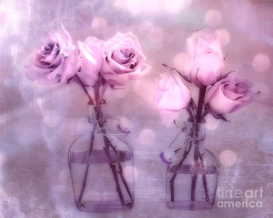 Dreamy Pink and Purple Cottage Floral Shabby Chic Roses - Impressionistic Romantic Pink Floral Art  Photograph by Kathy Fornal