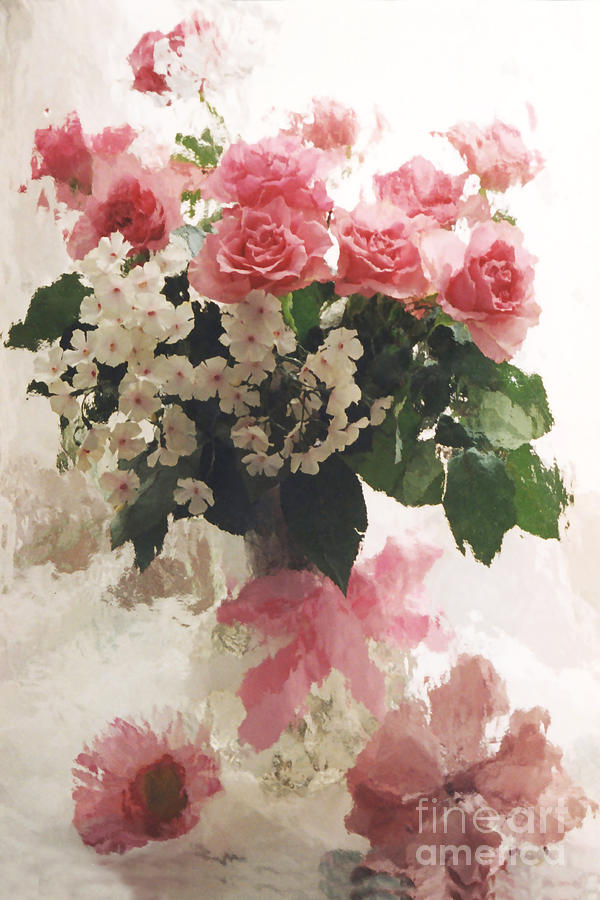 impressionistic Watercolor Roses in Vintage Antique Vase - Pink and White Vintage Roses Photograph by Kathy Fornal