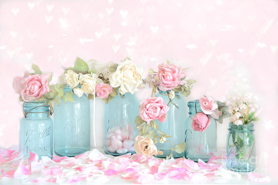 Rose Photograph - Shabby Chic Pink White Roses  - Vintage Aqua Blue Ball Mason Jars Romantic Pink Floral Roses  by Kathy Fornal