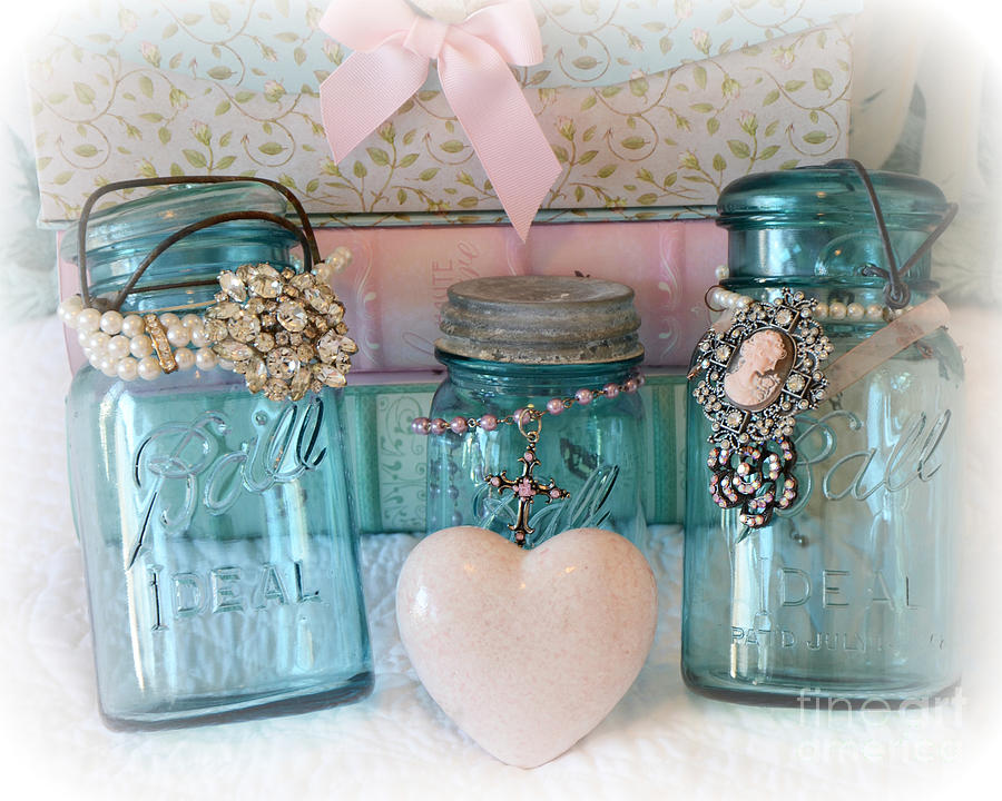 Shabby Chic Photograph - Dreamy Shabby Chic Ball Jars - Vintage Aqua Teal Blue Ball Jars - Ball Jars Pink Valentine Heart Art by Kathy Fornal