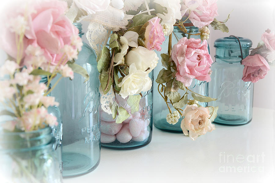 Rose Photograph - Shabby Chic Roses Blue Aqua Ball Mason Jars - Roses In Aqua Blue Mason Jars - Shabby Chic Decor by Kathy Fornal