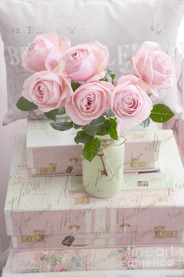 Dreamy Shabby Chic Cottage Pink Teal Romantic Floral Bouquet Roses In ...