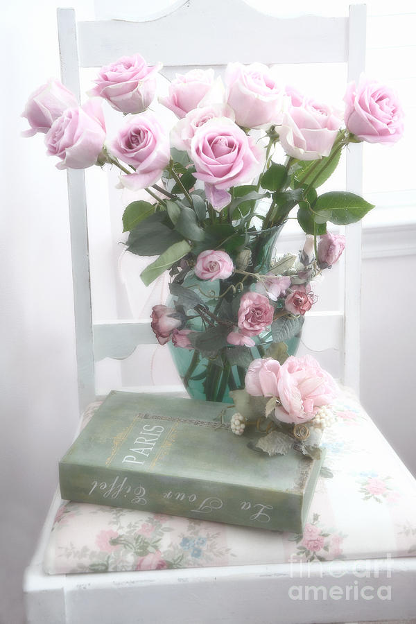 Pink Flowers Photograph - Dreamy Shabby Chic Cottage Pink Teal Romantic Floral Bouquet Roses Paris Book On Chair by Kathy Fornal