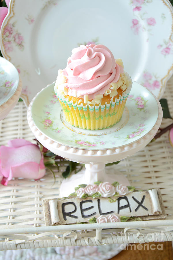 Dreamy Shabby Chic Cupcake Romantic Food Vintage Cottage Food Photography - Just Relax Photograph by Kathy Fornal