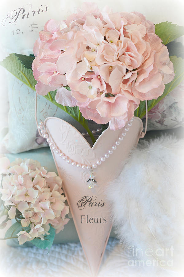 Paris Shabby Chic Pink Hydrangeas Heart - Romantic Cottage Chic Paris Pink Shabby Chic Hydrangea Art Photograph by Kathy Fornal